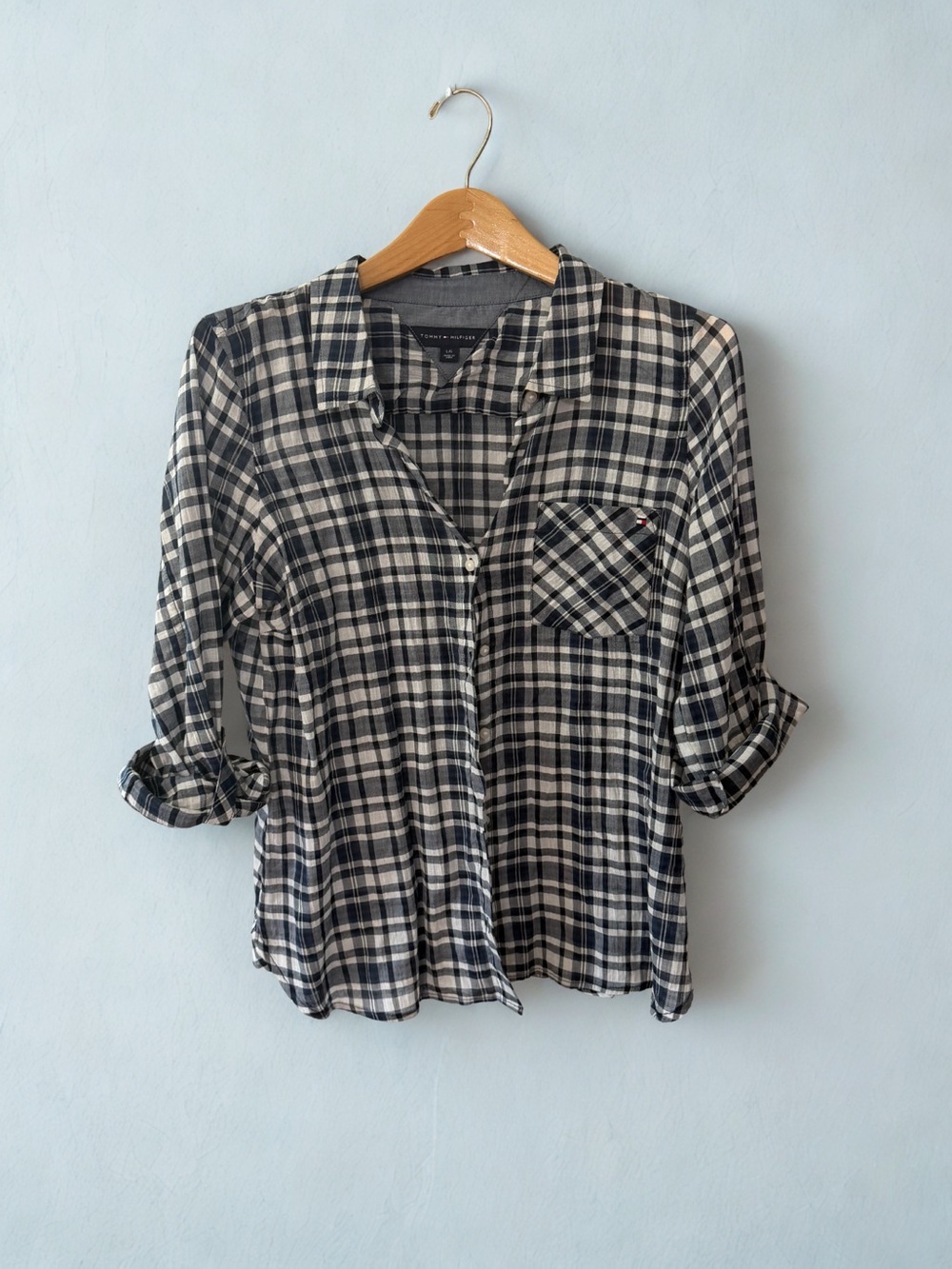 Women’s Navy Blue and White Plaid Button-Up Shirt